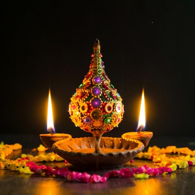 Foto di diwali festival di diwali lanterne sullo sfondo con candele e luci sfocate