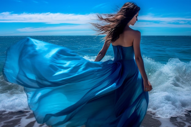 foto di donna sulla spiaggia in abito blu