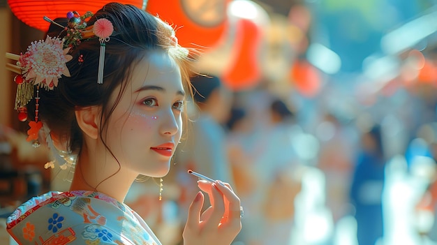 Foto di donne che applicano il trucco tradizionale al Gion Matsuri Festival Holiday Concept