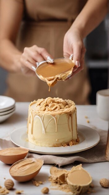 foto di donne con le mani che spargono il cioccolato sulla torta fotografia di cibo