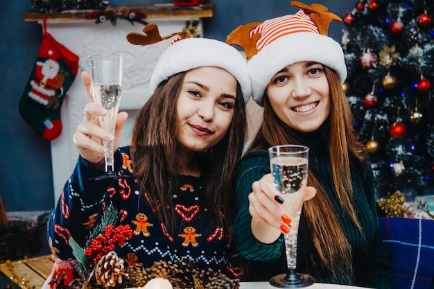 Foto di due amici per il nuovo anno. Ragazze in costumi natalizi.