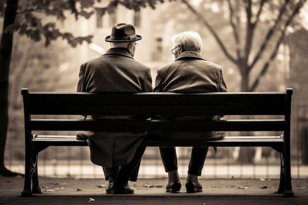 Foto di due anziani su una panchina in una casa di riposo che ricordano le loro vite