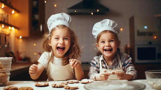 Foto di due bambini che indossano un cappello da chef e cucinano in cucina