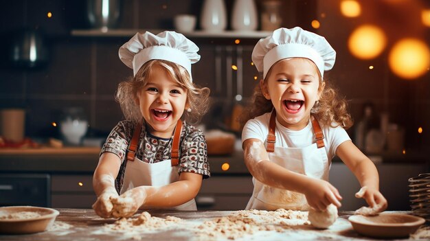 Foto di due bambini che indossano un cappello da chef e cucinano in cucina