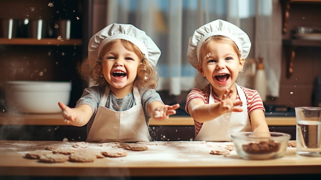 Foto di due bambini che indossano un cappello da chef e cucinano in cucina