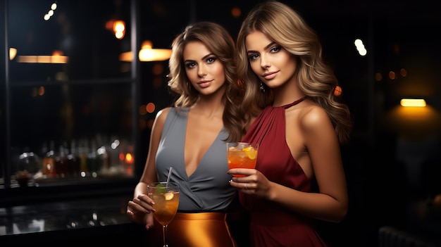 foto di due belle donne alla festa con un drink che si mettono in posa per un servizio fotografico