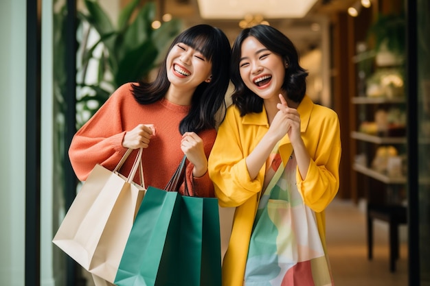 Foto di due donne asiatiche che tengono un sacchetto di carta colorato sorridente e felice dopo lo shopping