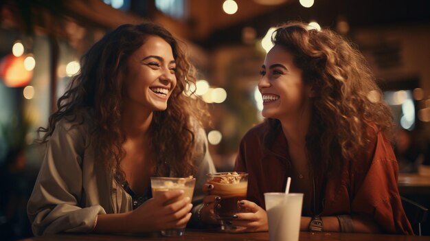 foto di due giovani e belle ragazze che chiacchierano sulla terrazza con una tazza di caffè generata dall'AI