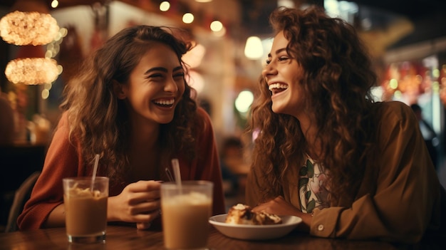 foto di due giovani e belle ragazze che chiacchierano sulla terrazza con una tazza di caffè generata dall'AI