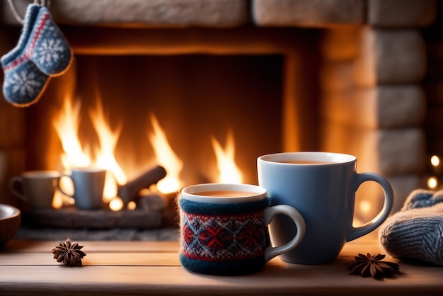 Foto di due tazze per tè o caffè in lana vicino al caminetto in una casa di campagna per le vacanze invernali