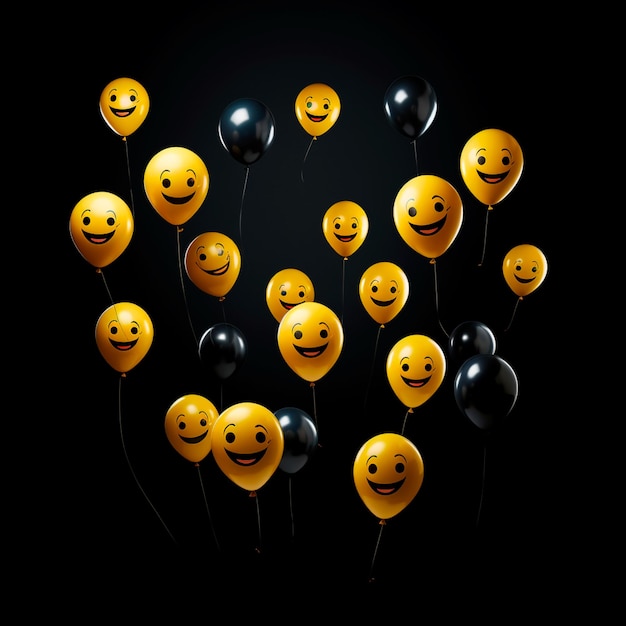 foto di emoji palloncini felici con sfondo nero della giornata mondiale del sorriso