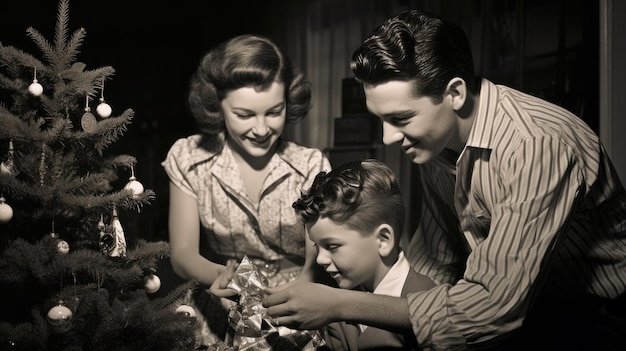 Foto di famiglia d'epoca che celebra il Natale
