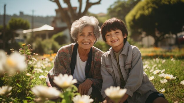 Foto di famiglia di una giornata felice nel giardino di casa