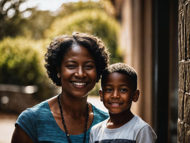 foto di famiglia felice madre nera e figlio generativa AI