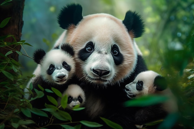 foto di famiglia panda nella foresta