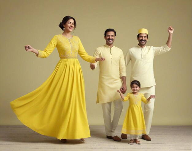 foto di famiglia ritratti momenti una famiglia che posa per una foto in abiti gialli