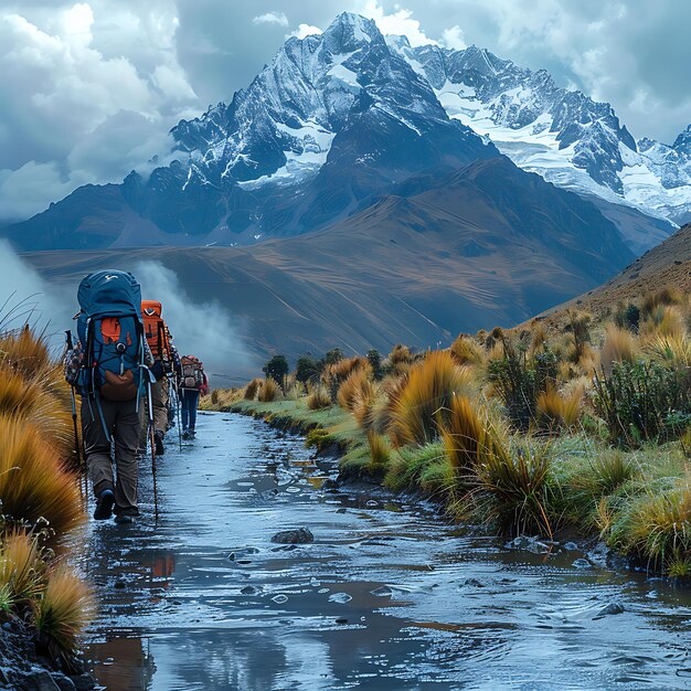 Foto di famiglie che escursionano nelle montagne andine del Perù con lo zaino in spalla Attività familiari Occupazione Cura