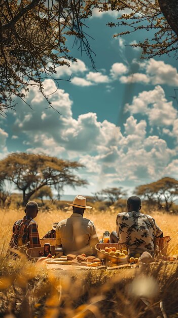 Foto di famiglie che si godono un picnic nella savana della Tanzania con attività familiari