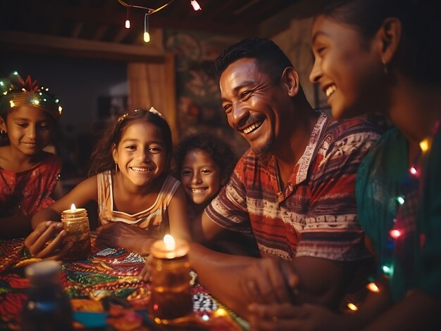 Foto di famiglie colombiane che si scambiano regali e benedizioni con la loro N Festive Colombia Vibrant