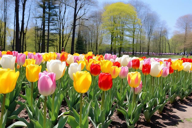 Foto di file di tulipani colorati in un campo