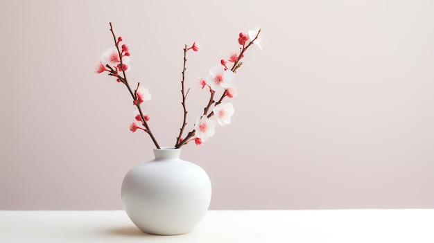 Foto di fiori di prugna in vaso minimalista come pianta d'appartamento per la decorazione domestica su tavola bianca