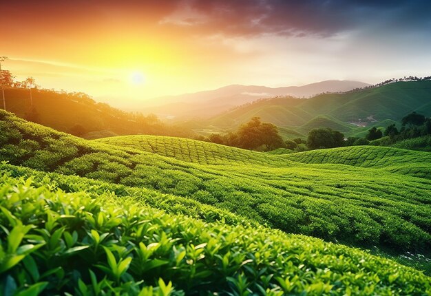 Foto di foglie di germogli di tè verde e piantagione con lo sfondo del sole mattutino