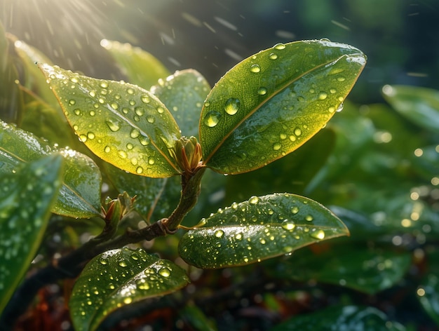 Foto di foglie di tè con goccioline di rugiada e luce solare generata dall'intelligenza artificiale