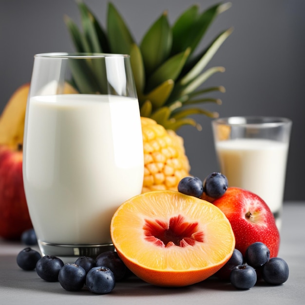 Foto di frutta fresca e bicchiere di latte in tavola