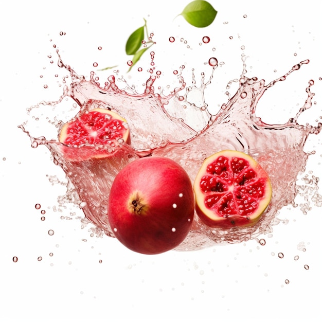 foto di frutta guava rossa fresca con spruzzi d'acqua su sfondo bianco