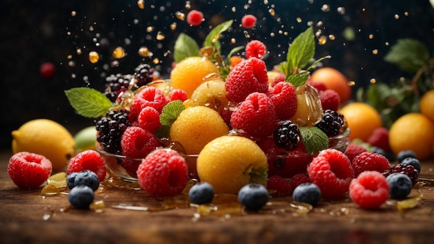 Foto di frutti, immagine vibrante e colorata di succhi di frutta succosi e spruzzi d'acqua fresca 7
