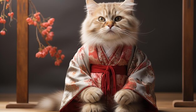 Foto di gatti carini che indossano tuniche umane che giocano a tai chi generative ai