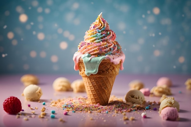 Foto di gelato nel cono con spolverata su sfondo isolato