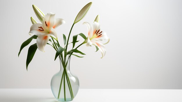 Foto di giglio su vaso trasparente minimale come pianta d'appartamento per la decorazione domestica su tavola bianca