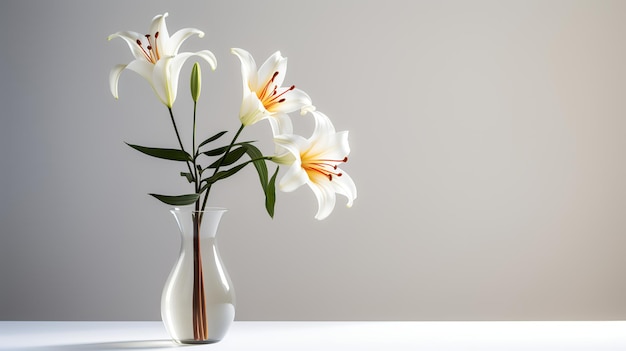 Foto di giglio su vaso trasparente minimale come pianta d'appartamento per la decorazione domestica su tavola bianca