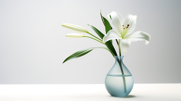 Foto di giglio su vaso trasparente minimale come pianta d'appartamento per la decorazione domestica su tavola bianca