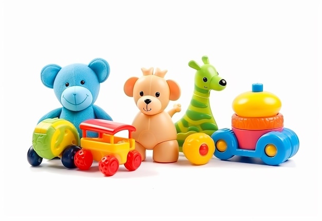 Foto di giocattoli colorati per bambini su sfondo bianco