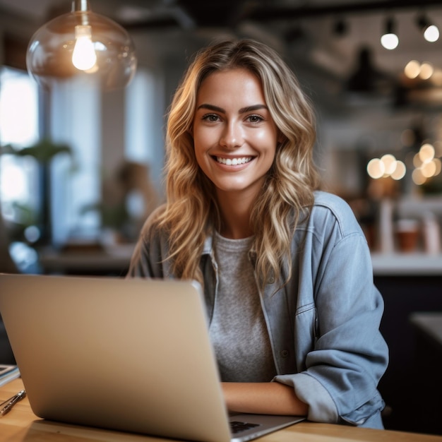 Foto di gioiosa bella donna che utilizza il computer portatile Bella imprenditrice digitando sul computer portatile IA generativa