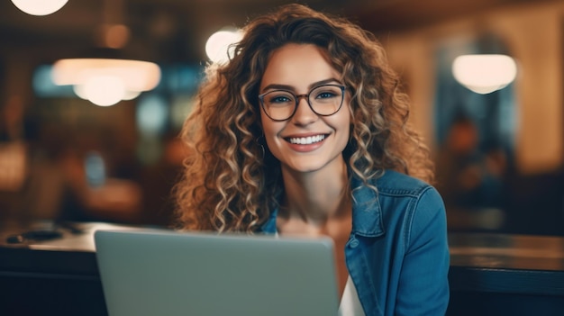 Foto di gioiosa bella donna che utilizza il computer portatile Bella imprenditrice digitando sul computer portatile IA generativa