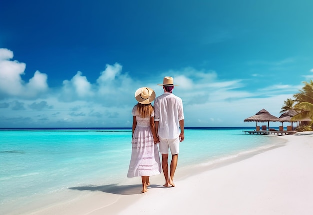 Foto di giovane bella coppia che cammina sulla sabbia della spiaggia sotto il sole estivo