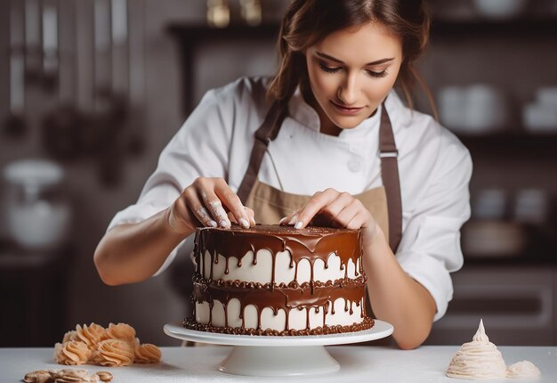 Foto di giovane chef donna ragazza che decora e glassa la torta al cioccolato