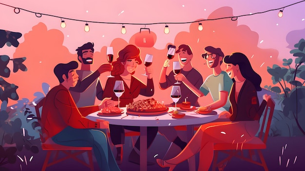 Foto di giovani che si godono una deliziosa cena barbecue bevendo vino rosso