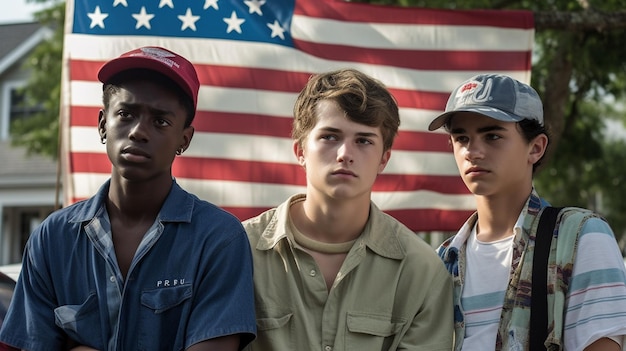 Foto di giovani ragazzi americani in piedi davanti alla bandiera americana