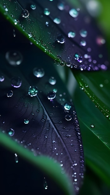 Foto di gocce d'acqua su una foglia viola