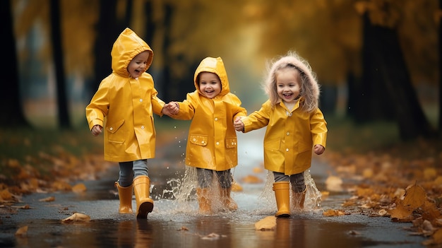 Foto di graziosi bambini carini che giocano e corrono in un giorno di pioggia con il tempo piovoso
