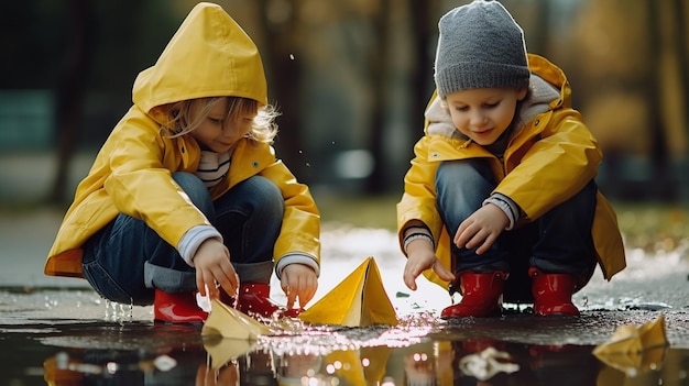 Foto di graziosi bambini carini che giocano e corrono in un giorno di pioggia con il tempo piovoso