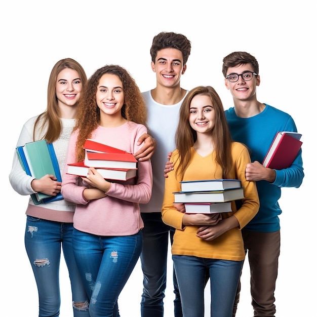 Foto di gruppo di studenti universitari amici con oggetti educativi