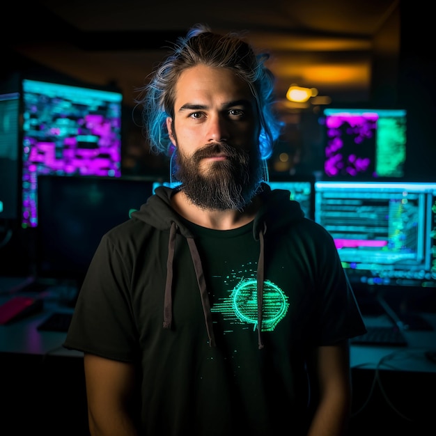 foto di hacker di computer con l'icona della barba che indossa una maglietta nera in luce colorata al neon