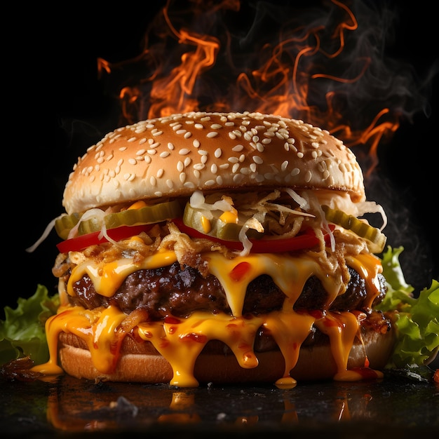 Foto di hamburger in fiamme su sfondo nero nello spazio molto realistico molto gustoso ai generativo