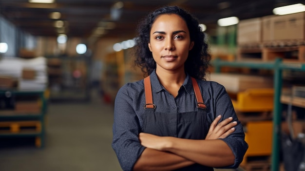 Foto di IA generativa di una donna di colore che lavora in un ambiente di produzione in posa con le braccia incrociate