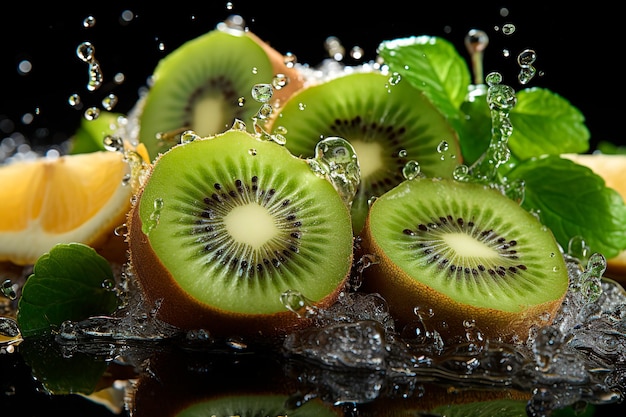 foto di kiwi con spruzzi di succo di kiwi con spruzzi d'acqua